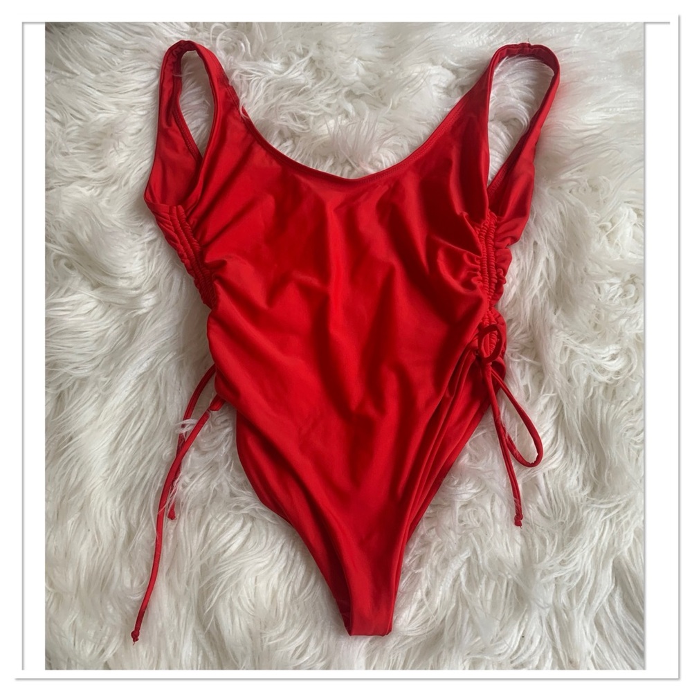 Superdown Christine One Piece Cheeky Ruched Swimsuit In Cherry Red Size Small